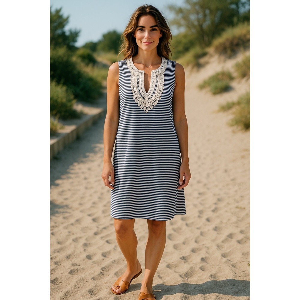 Harper 241 XL Striped Dress Sleeveless Crochet Neckline Blue‎ White